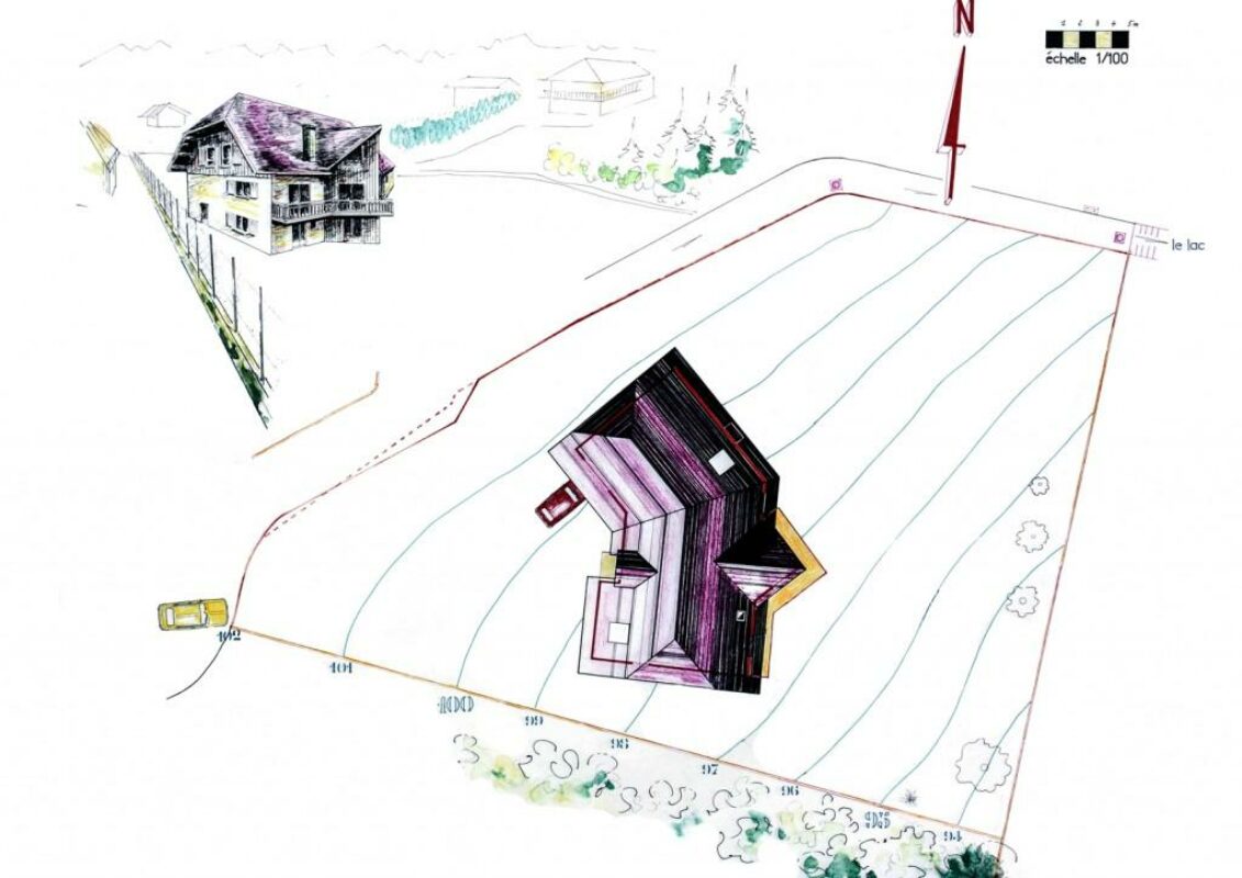 Etat des lieux : terrain pentu, construction neuve, vue sur le lac du Bourget.