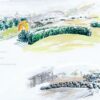 10/16 Les Karellis altitude 1600m. Le centre entre Forum et Renouveau : projet. Au point aval du ruisseau " réinventé ", les enrochements, ainsi que ceux devant l'estrade, rééquilibrent le centre de gravité. Les sonorités aquatiques participent à l'ambiance du jardin d'enfants. Un ballon de dimension spectaculaire égaye leurs jeux. En cas de spectacle, la vanne est fermée, les spectateurs s'installent sur les rochers et les marches du grand escalier qui surplombent la scène.