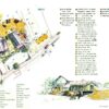 13 Trame : l'accueil voitures est inversé, du S-W il passe au S-E. Au bon niveau la cour très vaste ( 440 m2 ) combine parking, cheminements, salon extérieur et accès direct à une terrasse-bois en façade. Devant la pergola, elle masque le terre-plein et se prolonge sur pilotis jusqu'à l'arrière d'un long banc adossé au pied. Deux escaliers spacieux positionnés à 90°, l'un type échelle de meunier, l'autre sur talus, relient bas et haut en 4 circuits possibles. L'ancien parking est aménagé en jeu de boules avec bancs et éclairage nocturne.